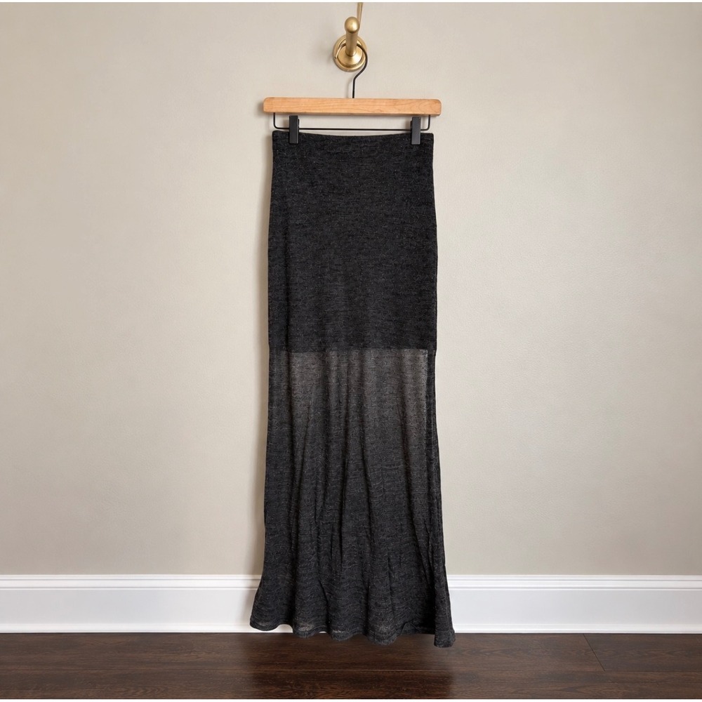 MNG Mango Gray Wool Blend Knit Maxi Skirt Sheer Panel Small Charcoal Column